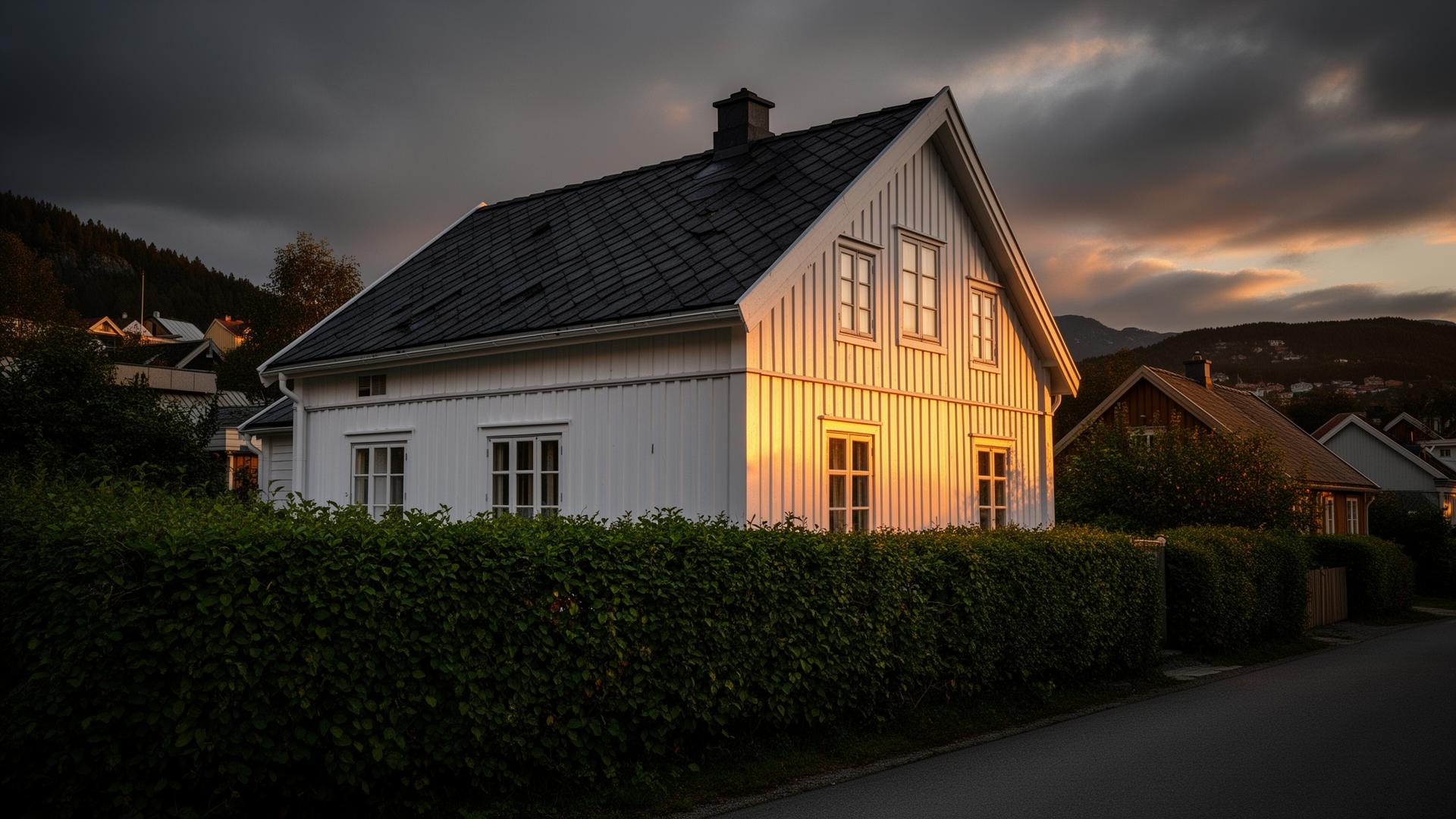 Hvitt sørlandshus i kveldslys